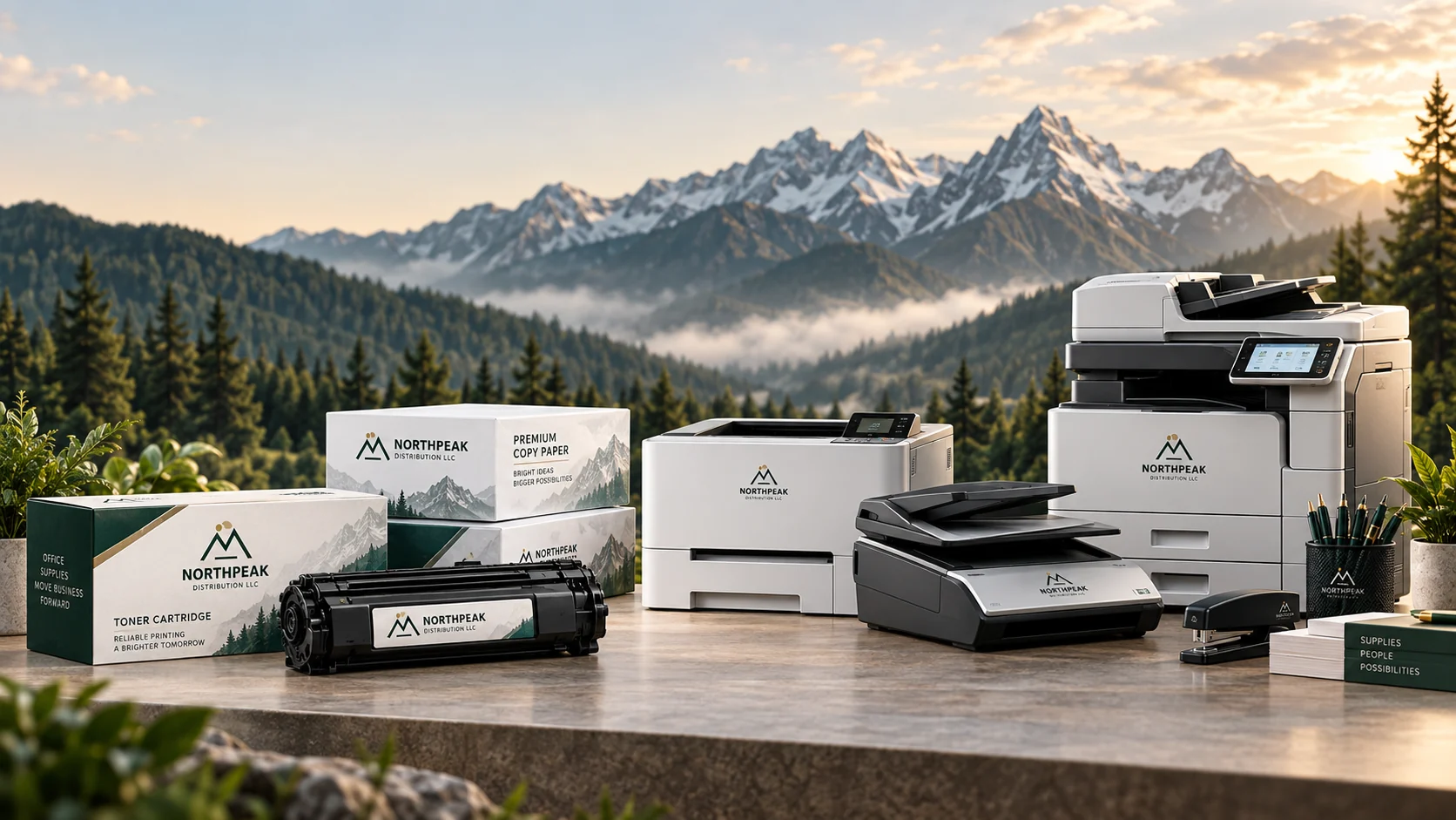 Illustrative Northpeak branding concept with office and print supplies