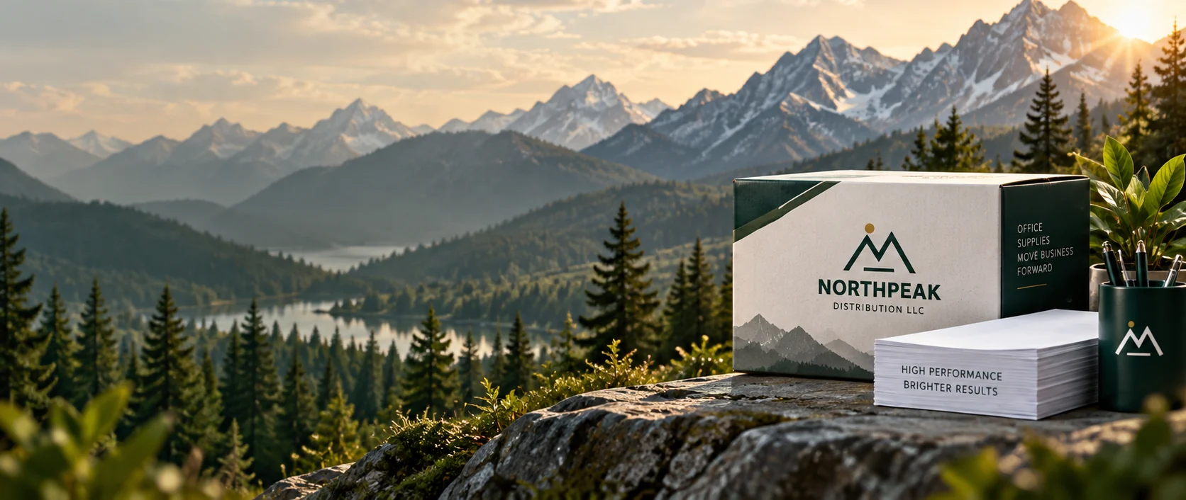 Illustrative Northpeak mountain and packaging brand scene